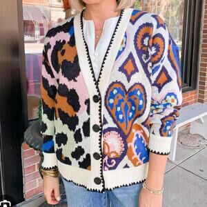 FARM RIO Mixed Ikat Hearts Knit Cardigan